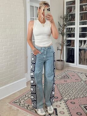 Vici Light Blue Jeans with Black & White Crochet Side Panels